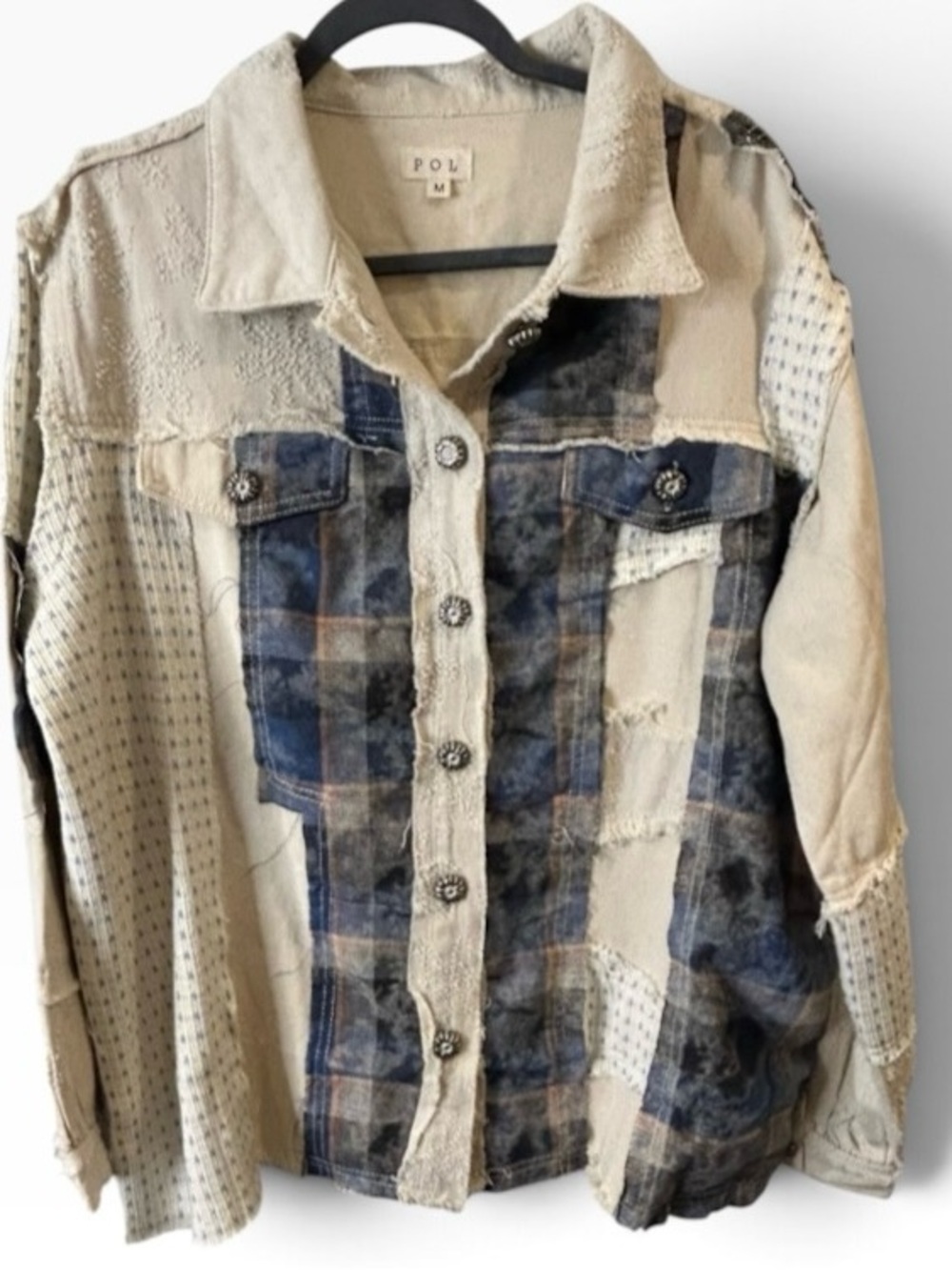 POL Clothing Patchwork Distressed Denim Shacket Jacket Blue Cream Medium